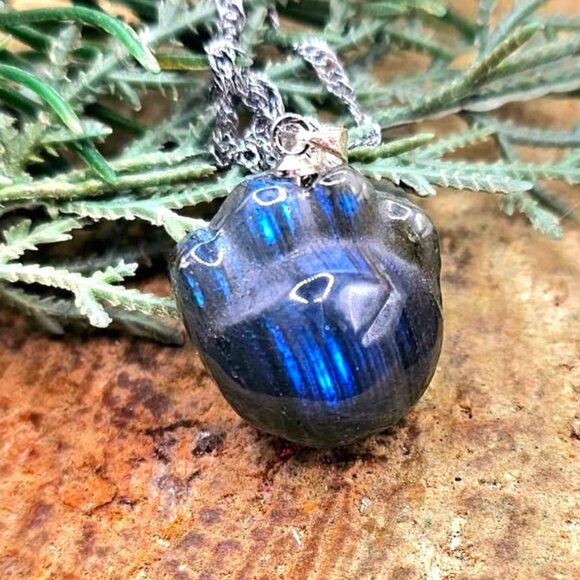 Nature Labradorite Carved Flashy Cute Animal Paw Pendant Necklace - Picture 1 of 10